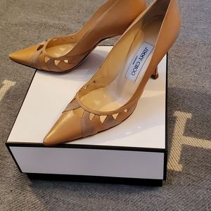 JIMMY CHOO Leather Suede 3" Pointed Toe Heels Shoes Tan Beige Vtg Luxury Sz 36 6